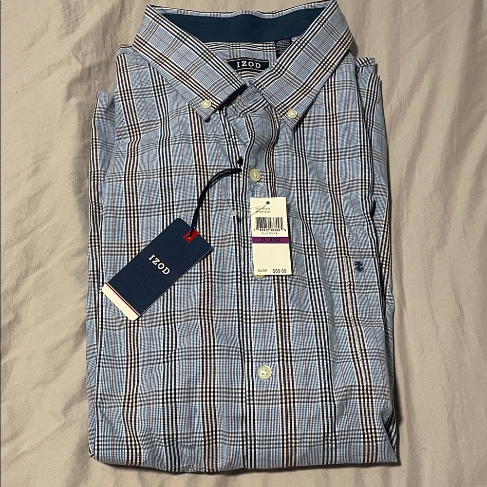 Izod Light Blue and Navy Plaid Button-Down Shirt